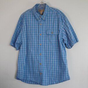 Duluth Trading Co Blue Plaid Casual Men's Button Down Shirt 100% Cotton Classic